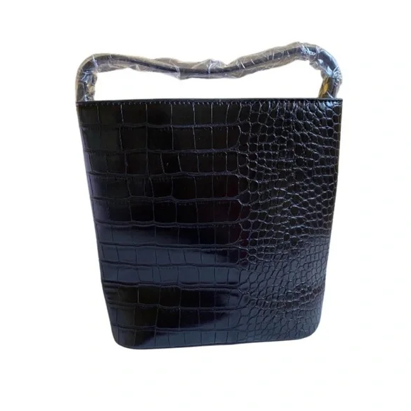 New Aota Elena Vegan Leather Croc Embossed Crossbody Bucket Bag Black - Picture 2 of 12